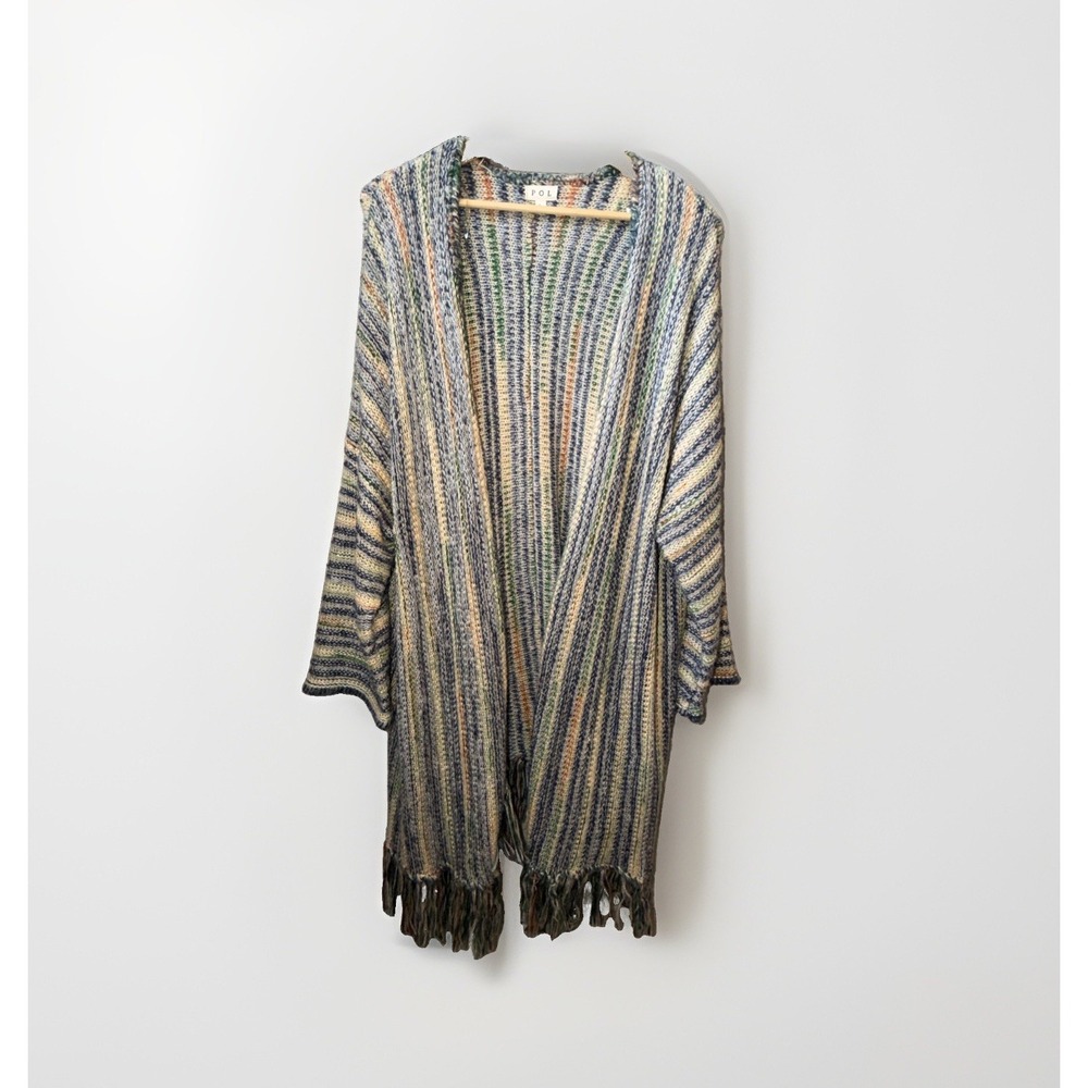 POL Bohemian Crochet Open Knit Front Fringe Cardigan Sweater Size L 3/4 Sleeve